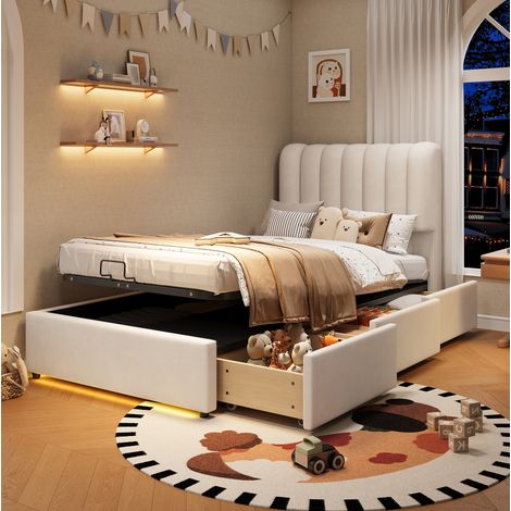 Kinderbett 90x200 cm aus beigem Samt mit Stauraum, 3 Schubladen und LED-Licht (1/5)