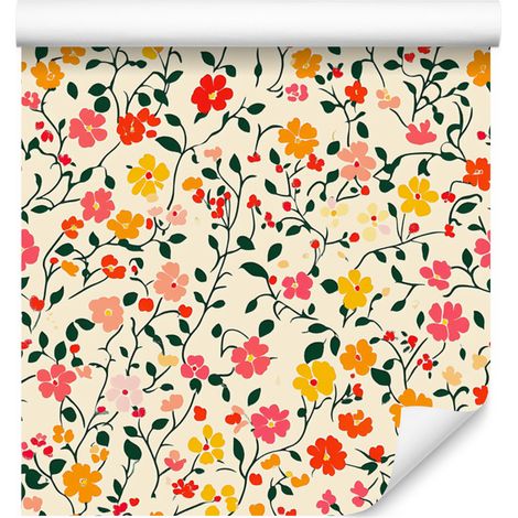 Tapete mit kleinen Blumen in Creme, Beige, Limette und Koralle, 50 x 1000 cm (1/5)