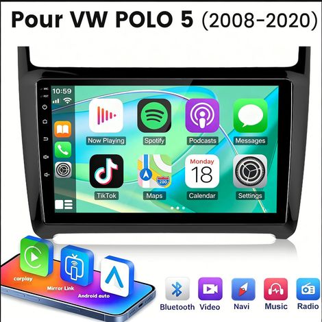 9 pouces Carplay 4 cœurs Autoradio pour VW POLO 5 (2008-2020） 2+64GB JUNSUN (1/5)