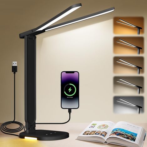 Lampe de Bureau LED Double Tête, Dimmable Lampe Bureau Lecture, 5 Couleurs et 9 Niveaux de Luminosité, Pliable Lampe de Chevet Avec Minuterie & Mémoire Recharge USB pour Enfants, Lecture (Noir) (1/5)