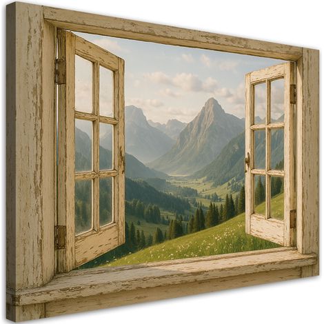 Wandbild Blick aus dem Fenster auf die Berge Shabby Chic 60x40 cm (1/5)