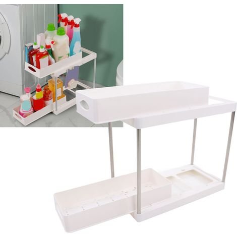 Organisateur de comptoir coulissant double couche blanc pour cosmétiques de cuisine et de salle de bain, fabriqué en styrène modifié. (1/5)