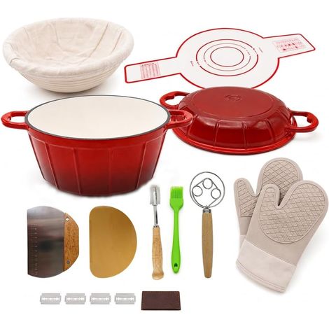 Enameled Cast Iron Saucepan 5L - Red Casserole + Steak Lid 2 in 1 - Complete Cooking Tools - Suitable for Oven/Gas/Induction - Easy to Clean and Ergonomic Handle (1/5)