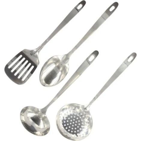 Ensemble 4 ustensiles cuisine, acier inoxydable, louche spatule cuillère écumoire, lave-vaisselle, préparation cuisson (1/5)