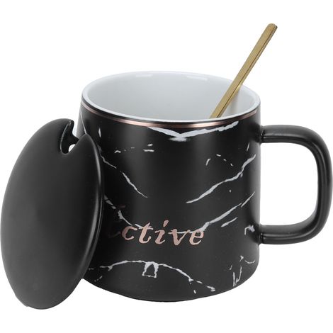 Mug en céramique à motif marbre, avec cuillère et couvercle, idéal pour la maison, les voyages, le bureau et les activités de plein air (noir). (1/5)