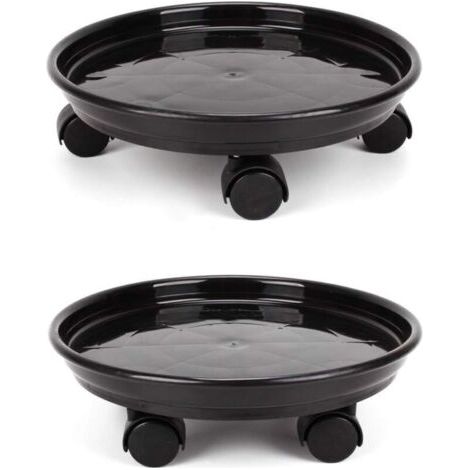 QORVA-Lot de 2 soucoupes rondes pour pots de fleurs (30 cm) avec 4 roulettes pour la maison ou le jardin - Noir