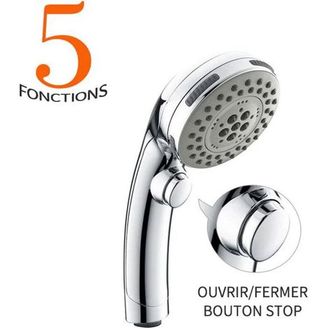 Pommeau de douche chromé 5 jets – Bouton stop – Matériau ABS – Sortie silicone anticalcaire – Longueur 235 mm – Universel G1/2 (1/5)