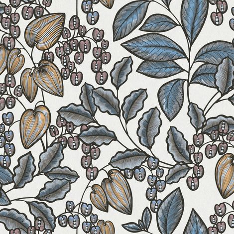 Blumen Tapete Profhome 377548 Vliestapete glatt mit floralen Ornamenten matt blau weiß gelb schwarz 5,33 m2 (1/5)
