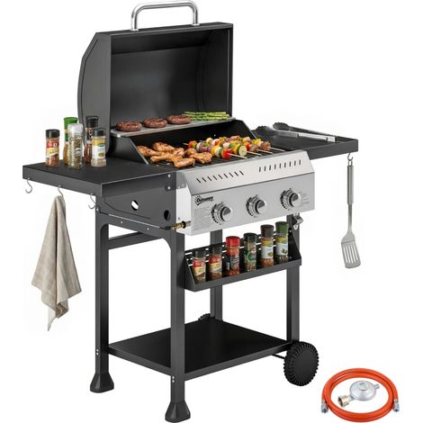 Gasgrill 9 KW 3 Brenner BBQ Grillwagen Edelstahl inkl klappbar Seitentisch Gewürzhalter Unterregal 6 Haken (1/5)