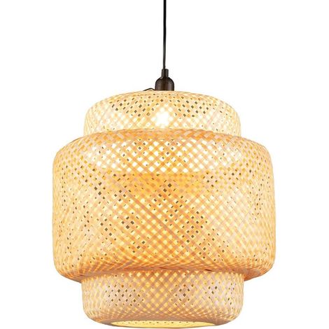 Suspension Bambou Ø 40 x H 43 cm, Abat Jour Rustique Fil 0-90cm E27 40W, Suspension Naturelle Plaque de Plafond Métal, Luminaire pour Salon (1/5)
