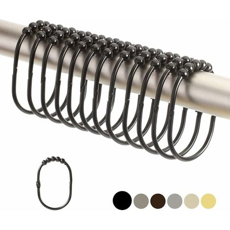 Wide Shower Curtain Rings/Hooks Set, Decorative Black Finish, Easy-Glide Rollers, 100% Rust-Proof Stainless Steel, Set of 12 Shower Rod Rings (1/5)