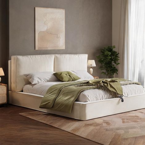 Cadre de lit beige en velours 231 x 196 x 105 cm (1/5)