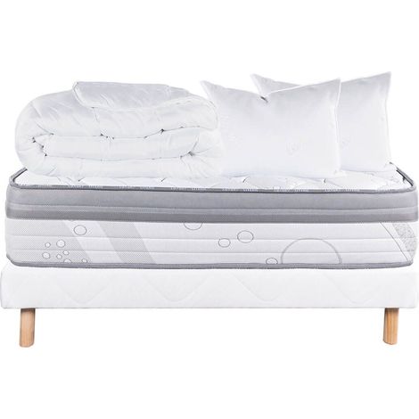 REINALD - Pack Matelas + Sommier Tapissier Blanc 140x190 cm + 2 Oreillers + 1 Couette (1/5)