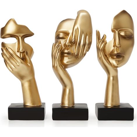 Juego de 3 estatuas de rostros femeninos – Decoración para el hogar – Para estantería o mueble de TV (dorado) (1/5)