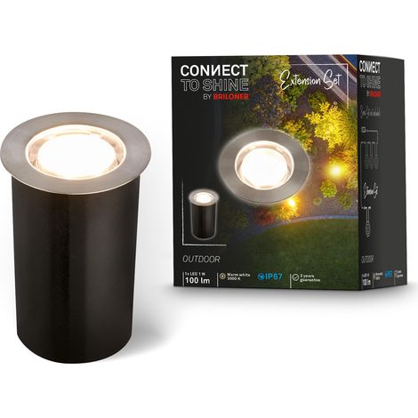 Système de jardin Connect to Shine 12V, spot encastrable sol LED avec manchon, kit de base avec transformateur, IP67, lumière blanc chaud, 45x66 mm, argent (1/5)