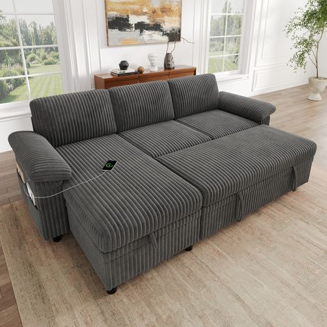 Sofá rinconera convertible 214 x 138,5 x 89 cm de terciopelo gris con arcón FloraGrace (1/5)