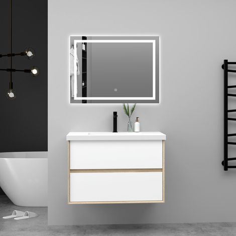Ducha Casa Mueble de Baño Suspendido con Lavabo Integrado, 2 Cajones, Blanco y Roble,79x46x52cm