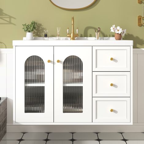 Mueble lavabo suspendido 80 cm con lavabo cerámico, 2 cajones, MDF blanco, REDOM (1/5)