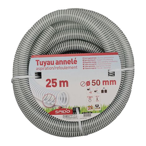Spido – Tuyau d'alimentation PVC armé souple 25 m Ø 50 mm – Flexibilité élevée pour aspiration et évacuation – Résistance aux pressions variées