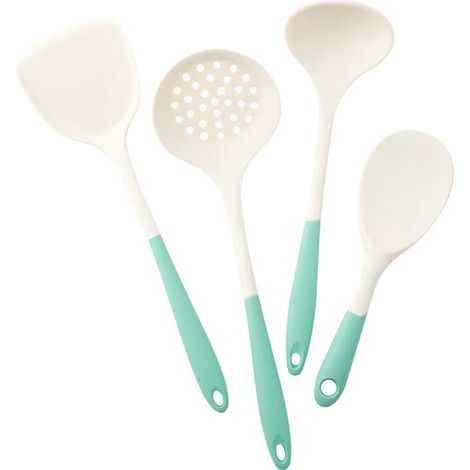 (Ensemble de quatre pièces vert et blanc) Ustensiles de cuisine en silicone, comprenant une spatule, une louche et une cuillère à trous en silicone. (1/3)