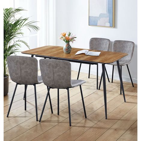 Hallowood Furniture Cullompton Large Extendable Dining Table and Chairs Set 4, (120-180 cm) Oak Effect Top Extending Kitchen Table and Chairs in Taupe Faux Leather, Dining Set for Home and Cafe