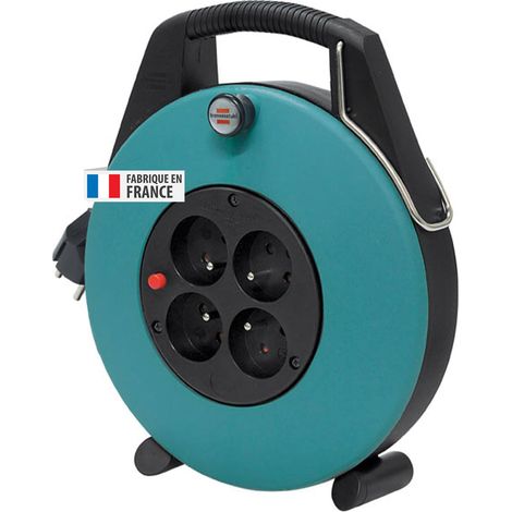Enrouleur de câble Confort-Line CL-X/Petit enrouleur électrique 4 prises de courant 10m H05VV-F, disjoncteur, bouton tournant, crochet, en intérieur, noir/vert