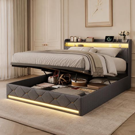 Cama 140x200 cm con canapé abatible, iluminación RGB regulable, cabecero con estación de carga inalámbrica y puerto USB, somier de láminas, Gris (1/5)