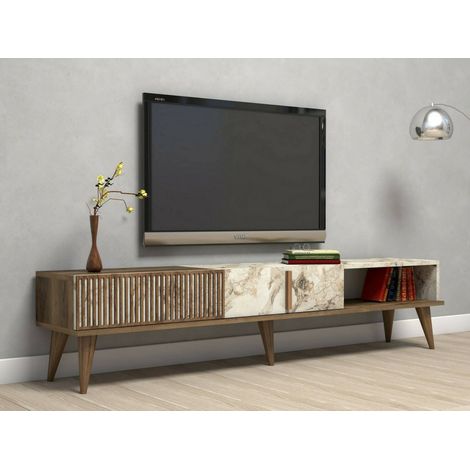 Dmora - Mobile porta TV Aquila, Credenza da soggiorno, Armadio basso per TV, Base parete attrezzata, 180x35h40 cm, Noce e Bianco, con imballo rinforzato, con imballo rinforzato (1/5)
