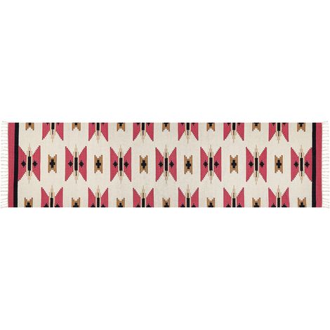 Alfombra kilim de algodón rojo beige negro 80 x 300 cm a mano geométrico borlas Garni
