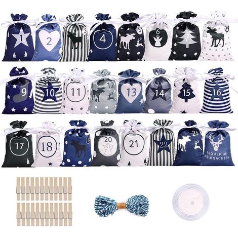 Calendrier de l'Avent-Sac en Tissu, Sachet Calendrier Noel Remplir, 24 Sac Calendrier de l'avent avec Chiffres imprimés, Sac en Toile de Jute Pochettes, Sacs Surprise Noël Sachets (1/5)