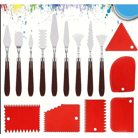 Juego de paleta y raspador, juego de 15 raspadores para pintura acrílica, 9 espátulas de acero inoxidable, 6 raspadores dentados de plástico, para pasta texturizada, pintura al óleo (1/5)