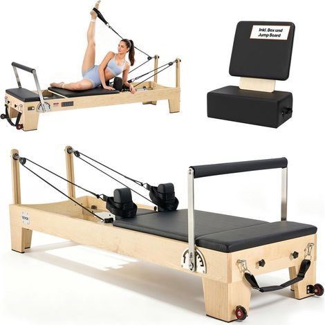 Réformateur Pilates Bois Massif Machine de Pilates avec Poulie Silencieuse Double Résistance Boîte d'Assise H88-FB (1/5)