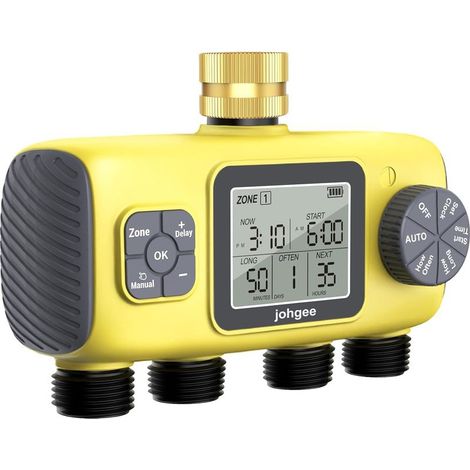 Programmateur Arrosage 4 Voies avec Entrée en Laiton. Minuteur Arrosage Automatique avec Retard de Pluie/Irrigation Manuelle. pour Serre. Pelouse et Jardin (1/5)