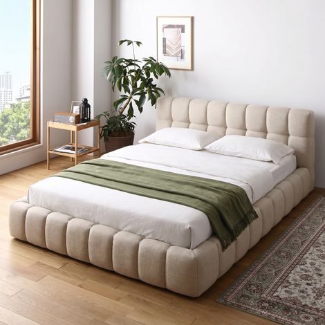 Lit double 140x190 cm avec sommier à lattes - cadre de lit rembourré - lit adulte moderne et moelleux pour chambre,lin ,beige