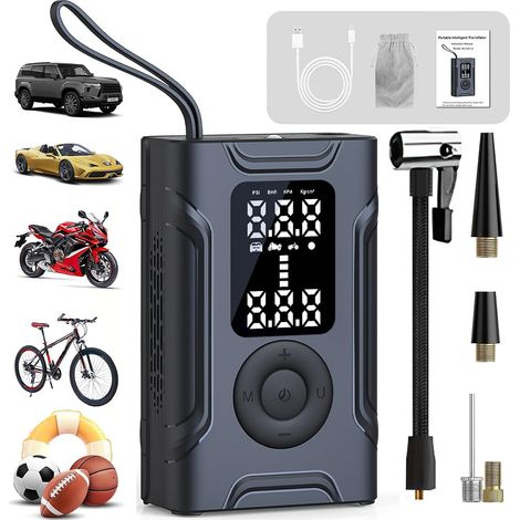 Gonfleur Pneus Voiture Sans Fil Compresseur à Air Portatif 150 PSI, Pompe a Velo avec Type-C USB Charge LED, Arrêt Automatique 5 Modes Voiture Moto Velo Ballon Customisé (1/5)