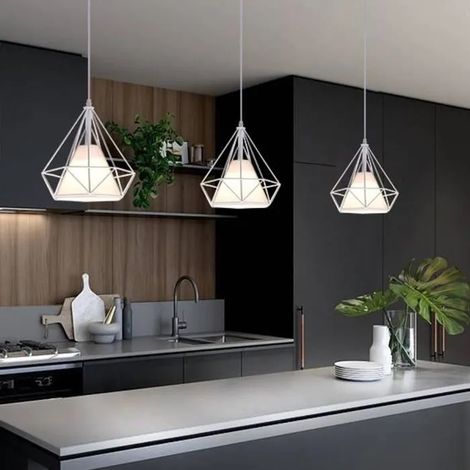 3PCS Lustre Suspension Moderne en Cage Diamant Blanc E27 Plafonnier Luminaire Industrielle pour Salon Chambre (1/4)