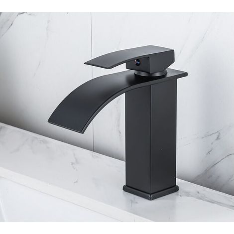 VURAHOME - Robinet cascade en laque Lavabo à poser chaud et froid Toilettes Armoires de salle de bain Robinet monotrou Robinet de lavabo cascade, Mitigeur cascade noir, Robinet de salle de bain monotr (1/4)