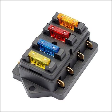 Boîte à fusibles standard 4 positions pour véhicules – 12 V, 24 V, 32 V – avec 6 fusibles plats inclus – idéale pour bateaux, camping-cars, voitures et autres applications mobiles