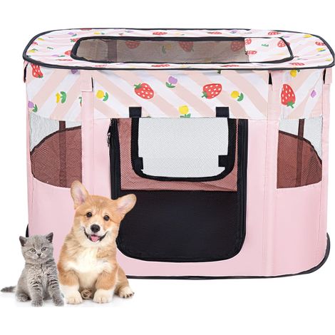 Youyijia Portable Dog Cat Playpen, Soft Dog Crate, Pink 70x55x45cm (1/5)