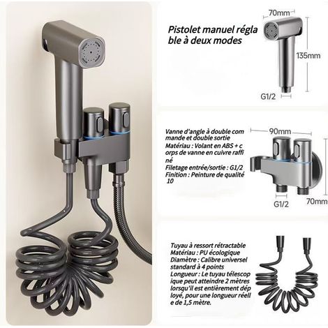 Ensemble de douchette murale pour salle de bain, accessoire de toilette, douchette à main pour bidet, double vanne de commande (1 entrée, 2 sorties) (gris) (1/4)