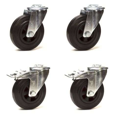 Lot de 4 roulettes à oeil pivotantes et pivotantes à frein caoutchouc noir 125 mm - 300 Kg