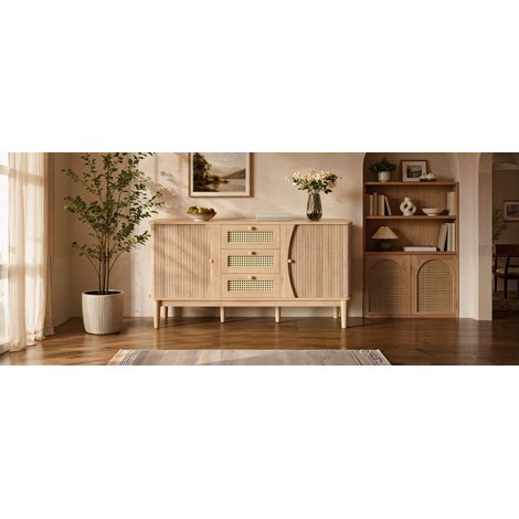 Buffet, commode rotin avec portes coulissantes, étagères réglables et plateau arrondi (1/5)