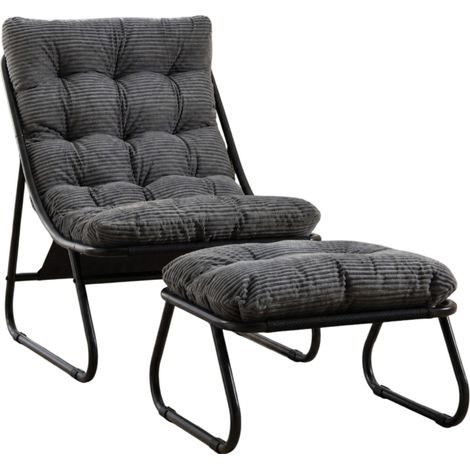 Fauteuil de jardin avec ottomane, structure noire en acier et coussin gris confortable (1/5)