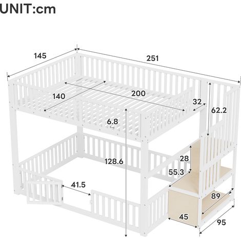 Lit superposé 140x200 avec échelle de rangement, LED intégrée, blanc, 2 couchages, structure en bois robuste, idéal chambre enfants, design moderne. (1/5)