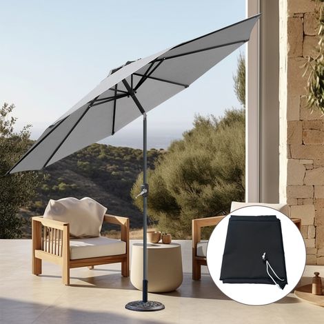 Grey Round Garden 3M Parasol Patio Crank Tilt Umbrella w/ Base Cover (1/5)