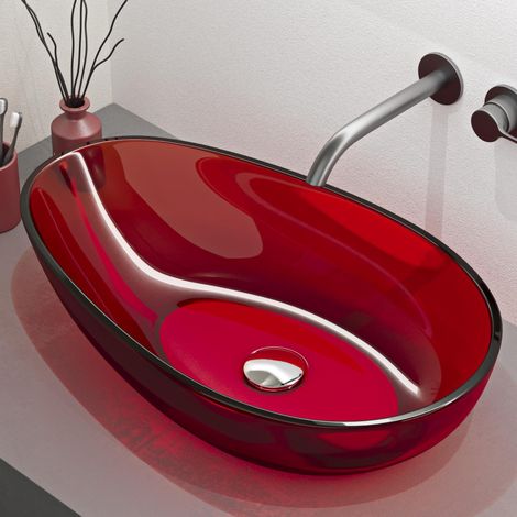 Mai & Mai Lavabo da Appoggio in Resina 60x36x14cm, Lavabo da Bagno Ovale senza Foro Rubinetto e Troppopieno, Rosso, Coloria04 (1/5)