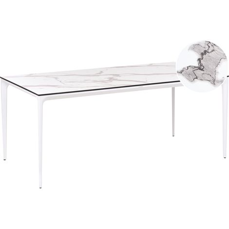 Mesa de comedor de jardín con tablero de HPL y estructura de aluminio resistente a los rayos UV agua óxido blanco mármol blanco Sovareto