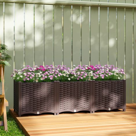 Jardinière surélevée. lit de jardin en plastique auto-irrigantes avec trous de drainage et bouchons. 120x40x37cm. marron