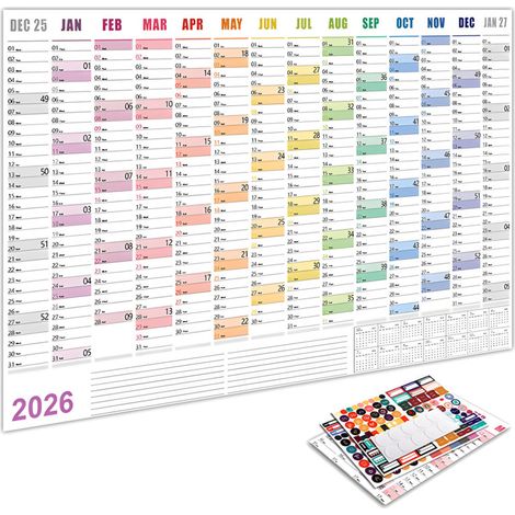 Calendrier mural 2026 – 74x53cm, 365 jours, autocollants, vierge, bureau/maison, couleur 1 (1/5)
