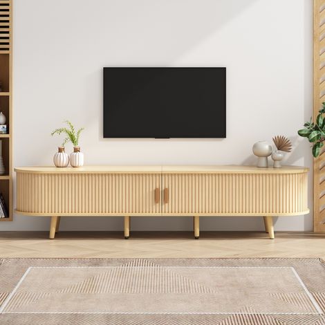 Meuble TV - 175x40x42cm - avec espace de rangement et plateau rond - MDF - 2 tiroirs - charge maximale 30 kg - bois (1/5)